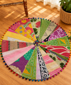 Multicolor Vintage Kantha Round Floor Cushion Cover – Handmade Patchwork Boho Pouf Cover with Pom Pom Trim