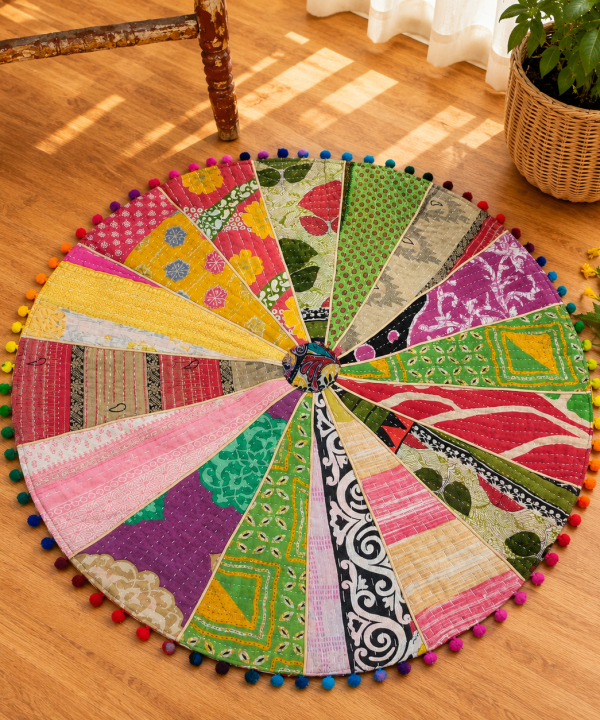 Alternative view of Vintage Kantha Round Floor Cushion Cover – Handmade Patchwork Boho Pouf Cover with Pom Pom Trim
