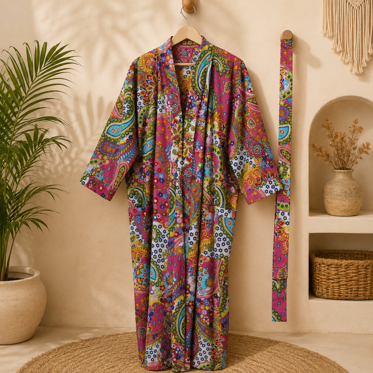 Pink Multicolor Floral Paisley Long Kimono Robe – Boho Printed Maxi Kimono Jacket for Women - Image 3