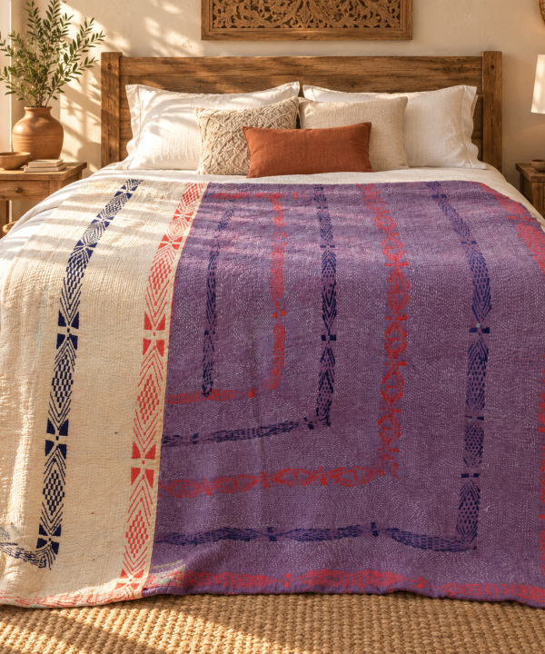 Alternative view of Vintage Purple & Ivory Kantha Quilt 60x90 Inches – Hand Stitched Cotton Boho Throw