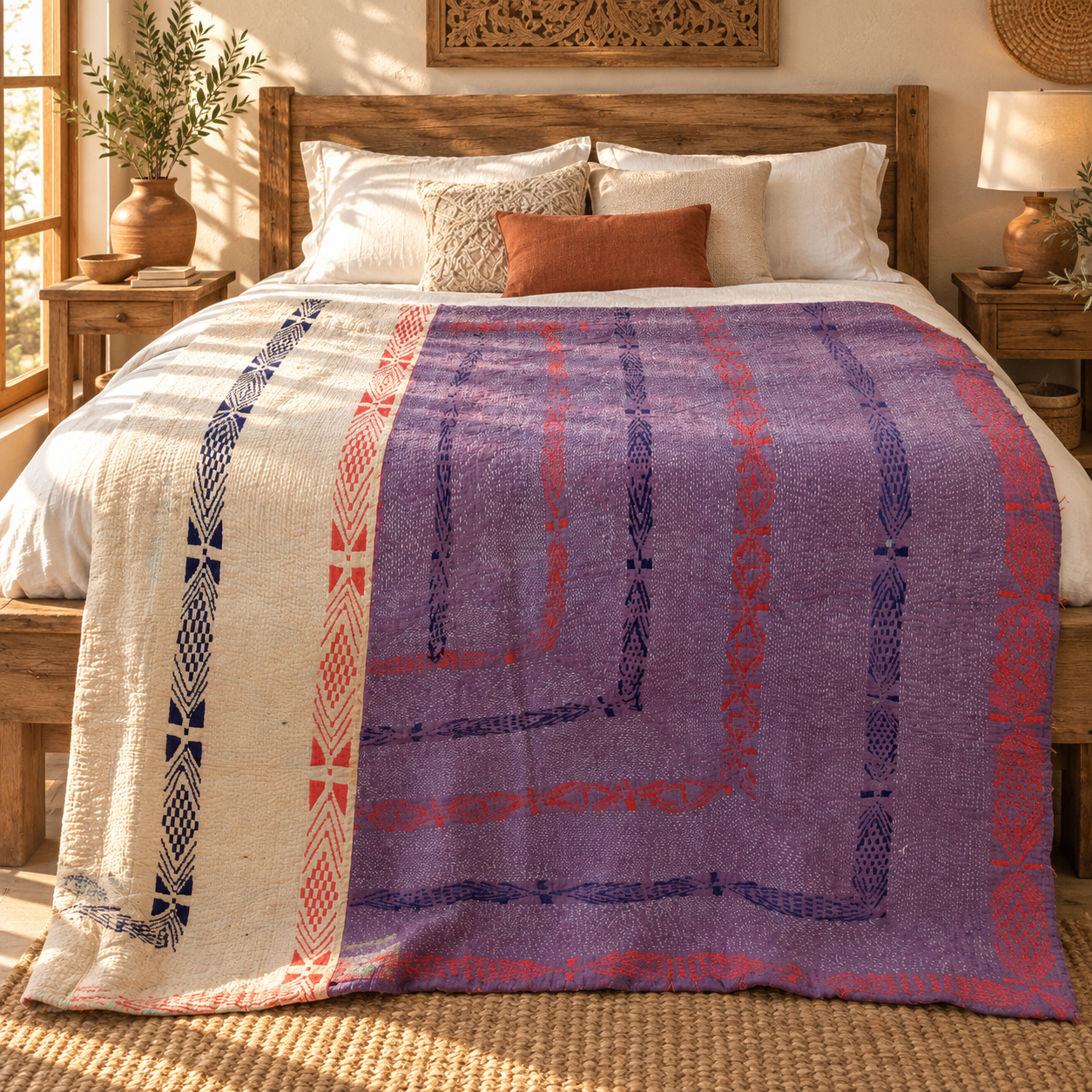 Vintage Purple & Ivory Kantha Quilt 60x90 Inches – Hand Stitched Cotton Boho Throw - Image 2