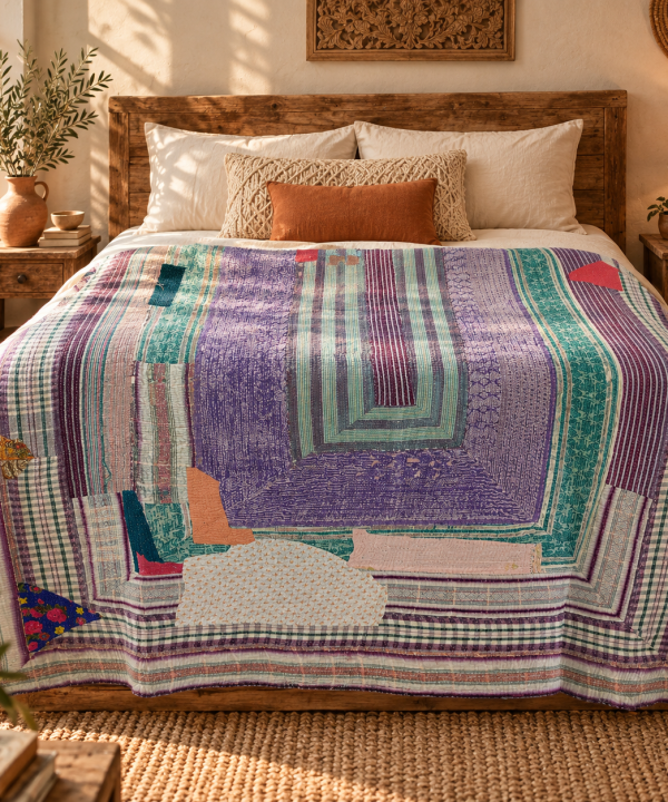 Alternative view of Vintage Kantha Quilt 60x90 Inches – Purple Teal Hand Stitched Cotton Patchwork Bedspread