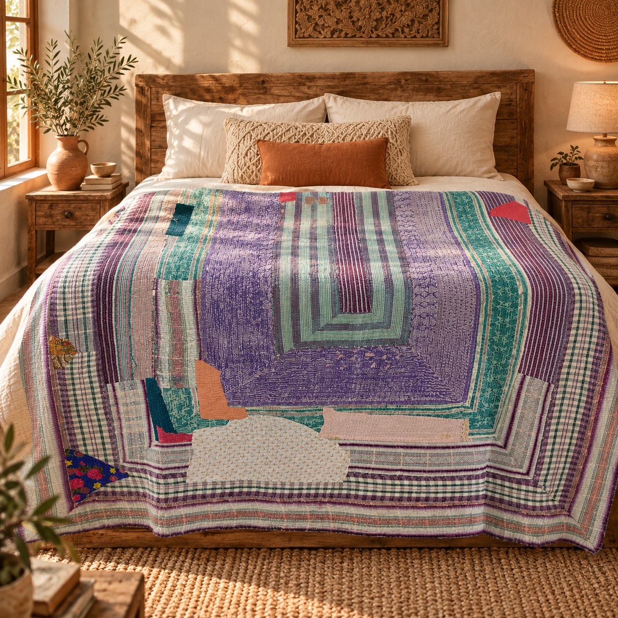Vintage Kantha Quilt 60x90 Inches – Purple Teal Hand Stitched Cotton Patchwork Bedspread - Image 2