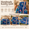 Vintage Blue Kantha Quilt – Handmade Floral Recycled Sari Bedspread, Reversible Indian Boho Throw Blanket - Image 4