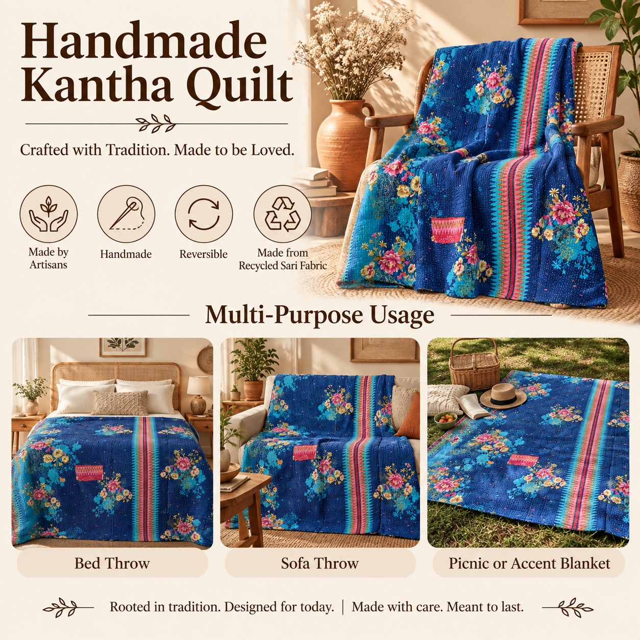 Vintage Blue Kantha Quilt – Handmade Floral Recycled Sari Bedspread, Reversible Indian Boho Throw Blanket - Image 4