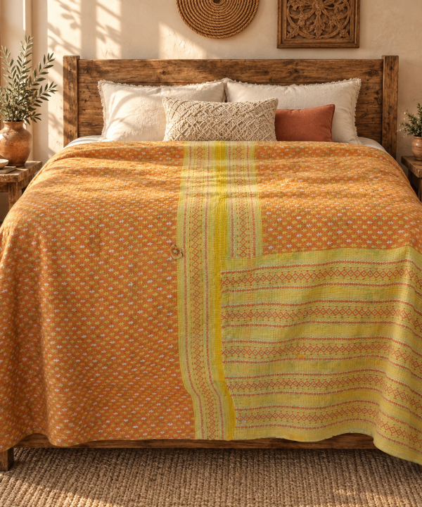 Alternative view of Vintage Orange Kantha Quilt 60x90 Inches – Handmade Cotton Boho Bedspread Throw