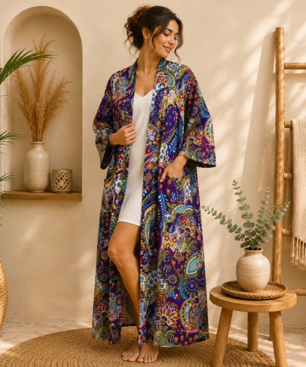 Purple Multicolor Floral Paisley Long Kimono Robe – Boho Printed Maxi Kimono Jacket for Women