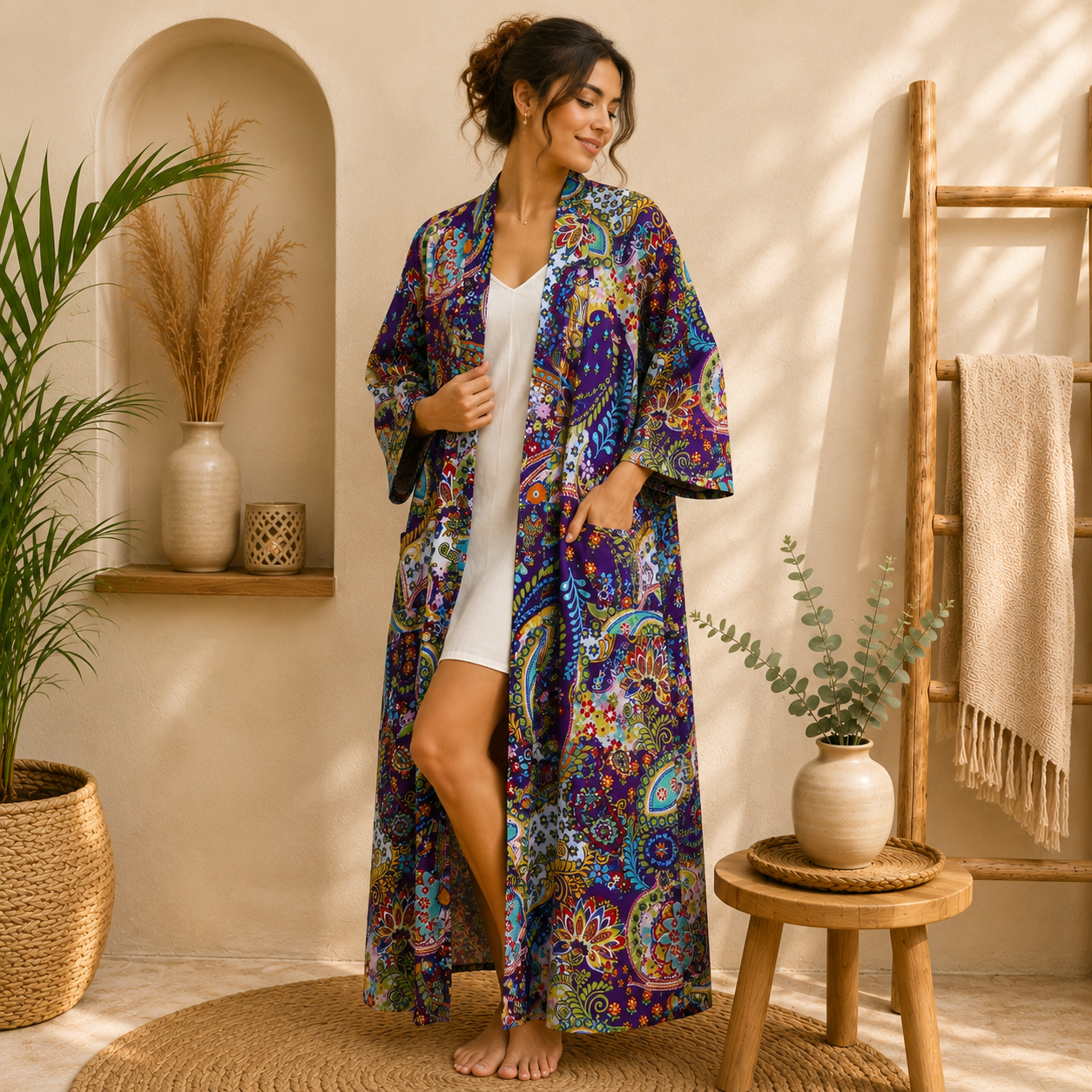 Purple Multicolor Floral Paisley Long Kimono Robe – Boho Printed Maxi Kimono Jacket for Women