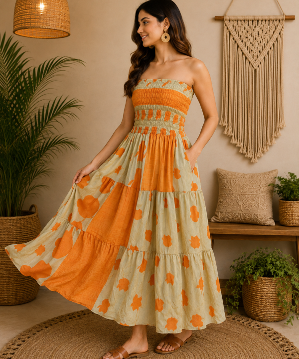 Orange & Cream Floral Maxi Dress – Strapless Smocked Tiered Boho Summer Dress