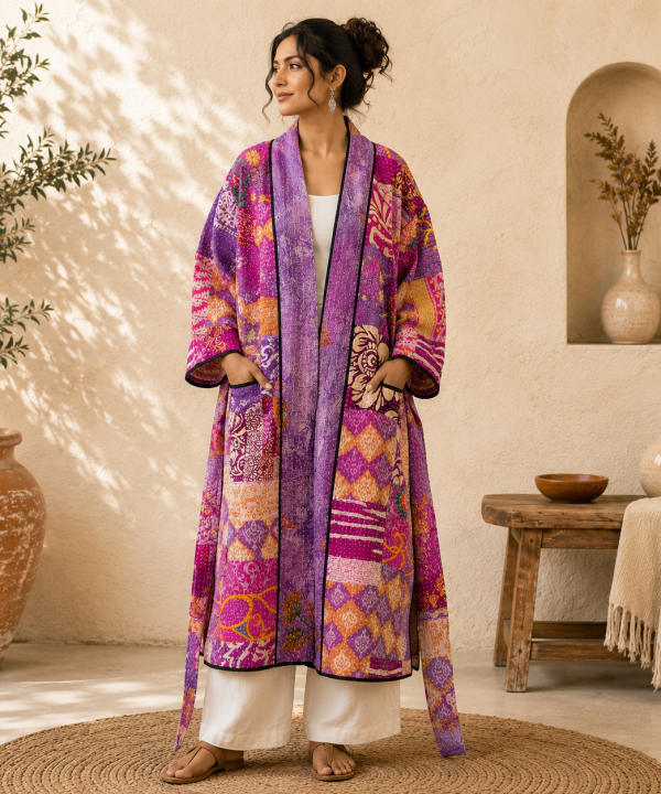 Purple Pink Multicolor Vintage Kantha Long Kimono Robe – Handmade Patchwork Cotton Boho Jacket