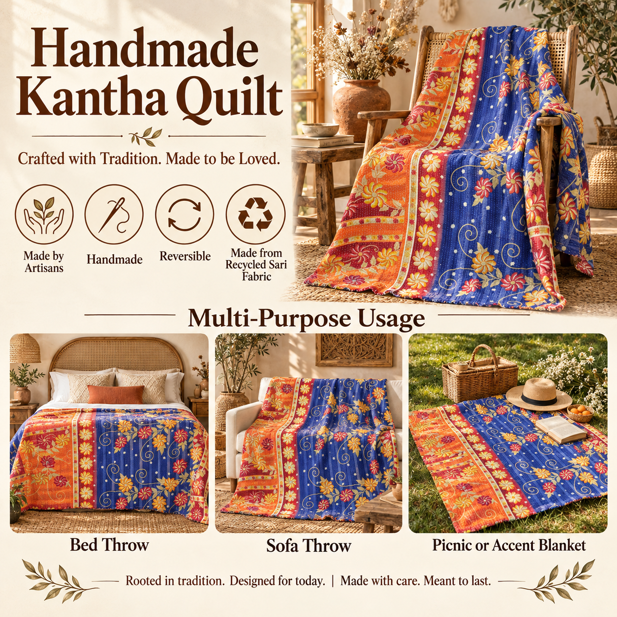 Vintage Handmade Kantha Quilt – Royal Blue Orange Floral Recycled Sari Cotton Bedspread, Indian Boho Throw - Image 4