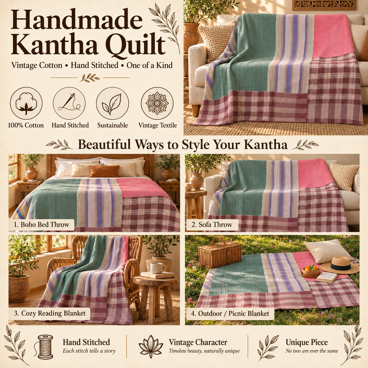 Vintage Kantha Quilt 60x90 Inches – Handmade Cotton Patchwork Bedspread Throw – Green Pink Purple - Image 4
