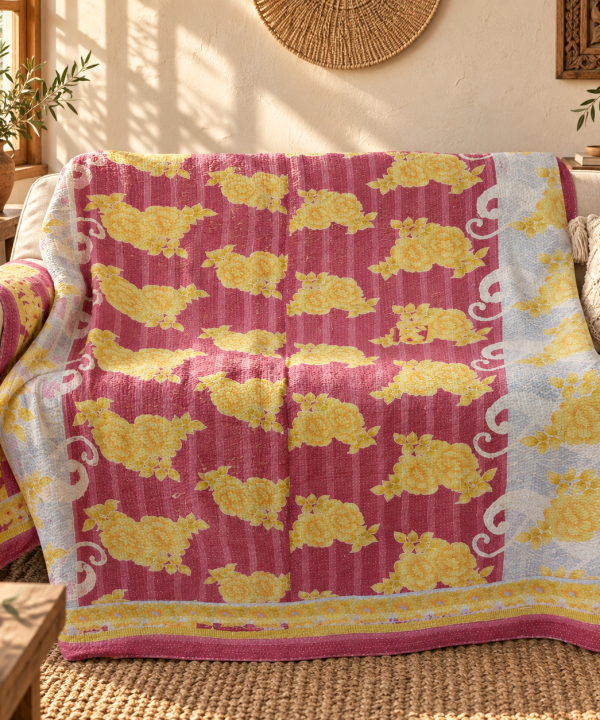 Vintage Pink & Yellow Floral Kantha Quilt – Hand Stitched Cotton Indian Throw 60 x 90 Inches