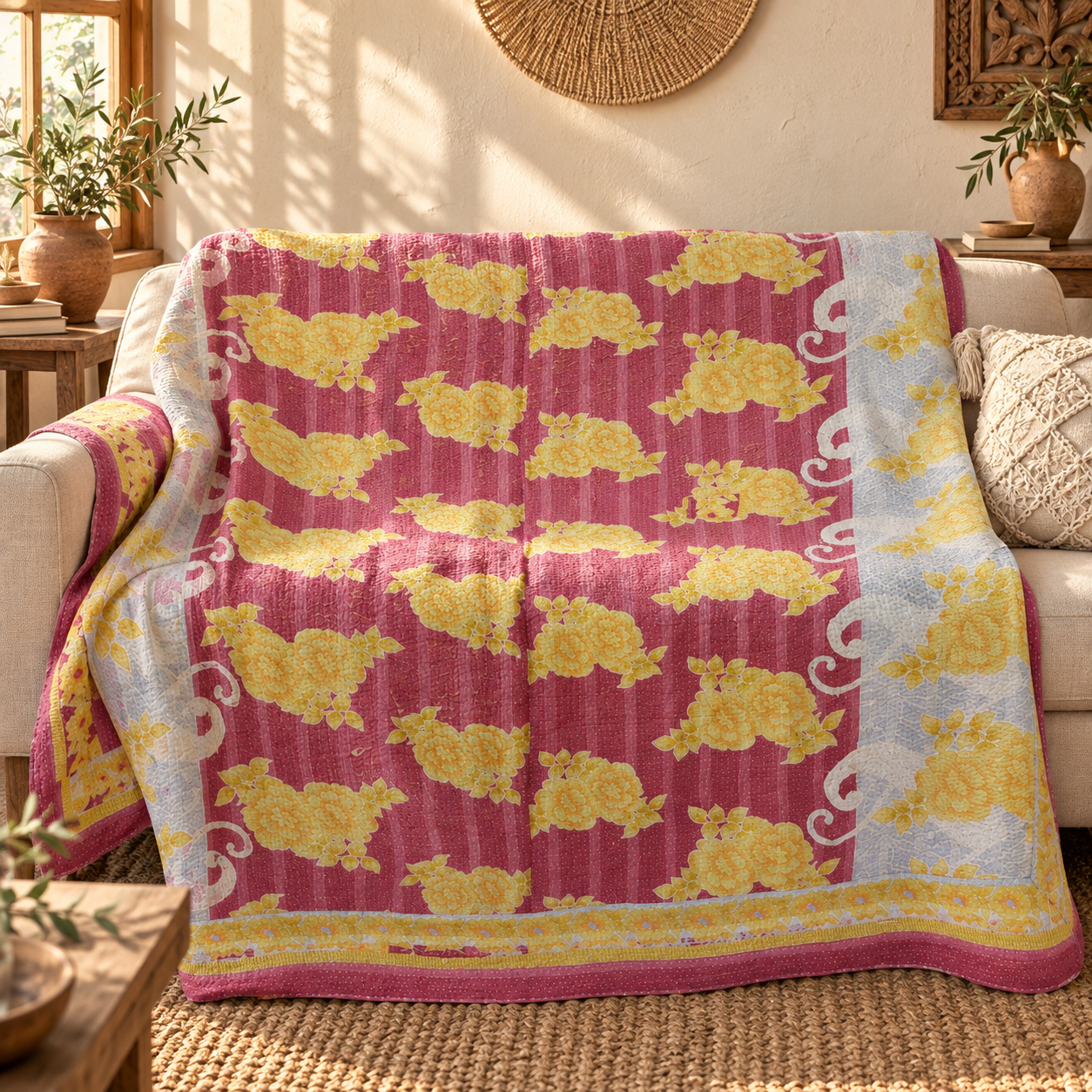 Vintage Pink & Yellow Floral Kantha Quilt – Hand Stitched Cotton Indian Throw 60 x 90 Inches