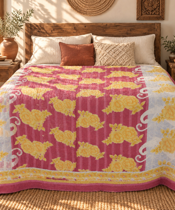 Alternative view of Vintage Pink & Yellow Floral Kantha Quilt – Hand Stitched Cotton Indian Throw 60 x 90 Inches