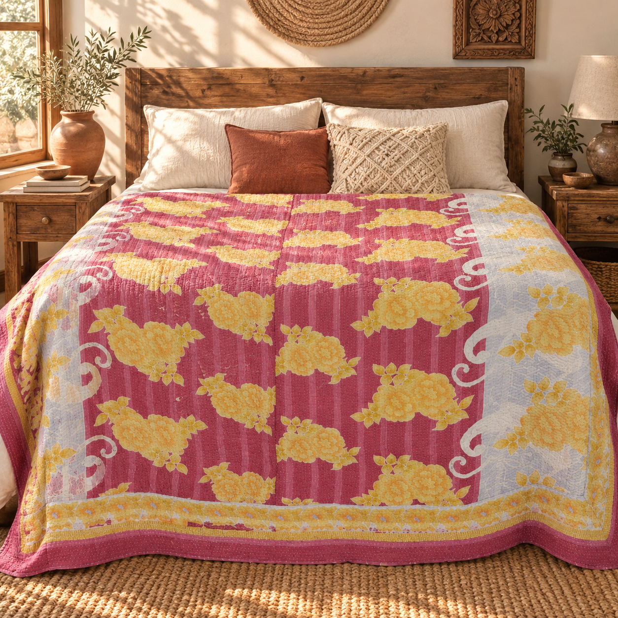 Vintage Pink & Yellow Floral Kantha Quilt – Hand Stitched Cotton Indian Throw 60 x 90 Inches - Image 2