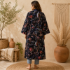 Black Floral Bird Print Cotton Long Kimono Robe for Women – Boho Maxi Kimono Jacket, Free Size Open Front Cover Up - Image 2