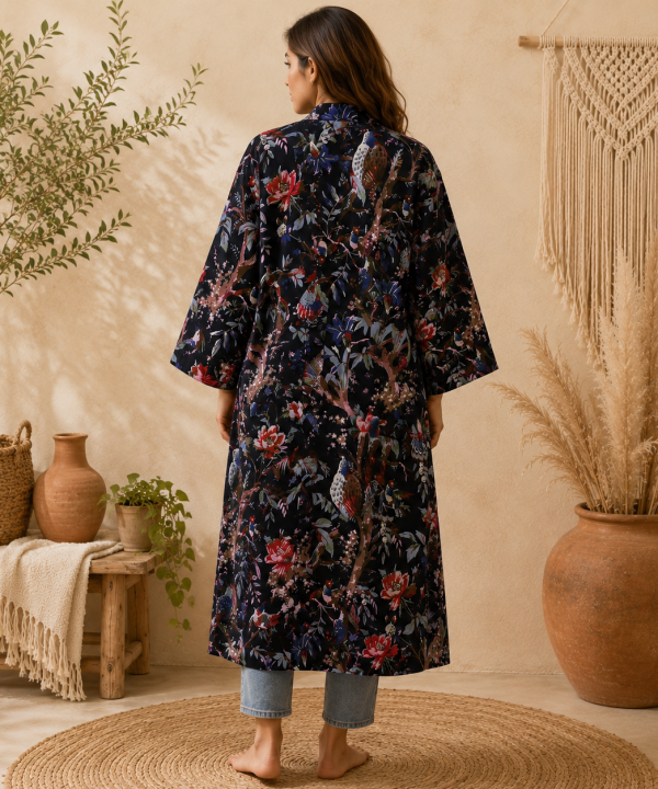 Alternative view of Black Floral Bird Print Cotton Long Kimono Robe for Women – Boho Maxi Kimono Jacket, Free Size Open Front Cover Up
