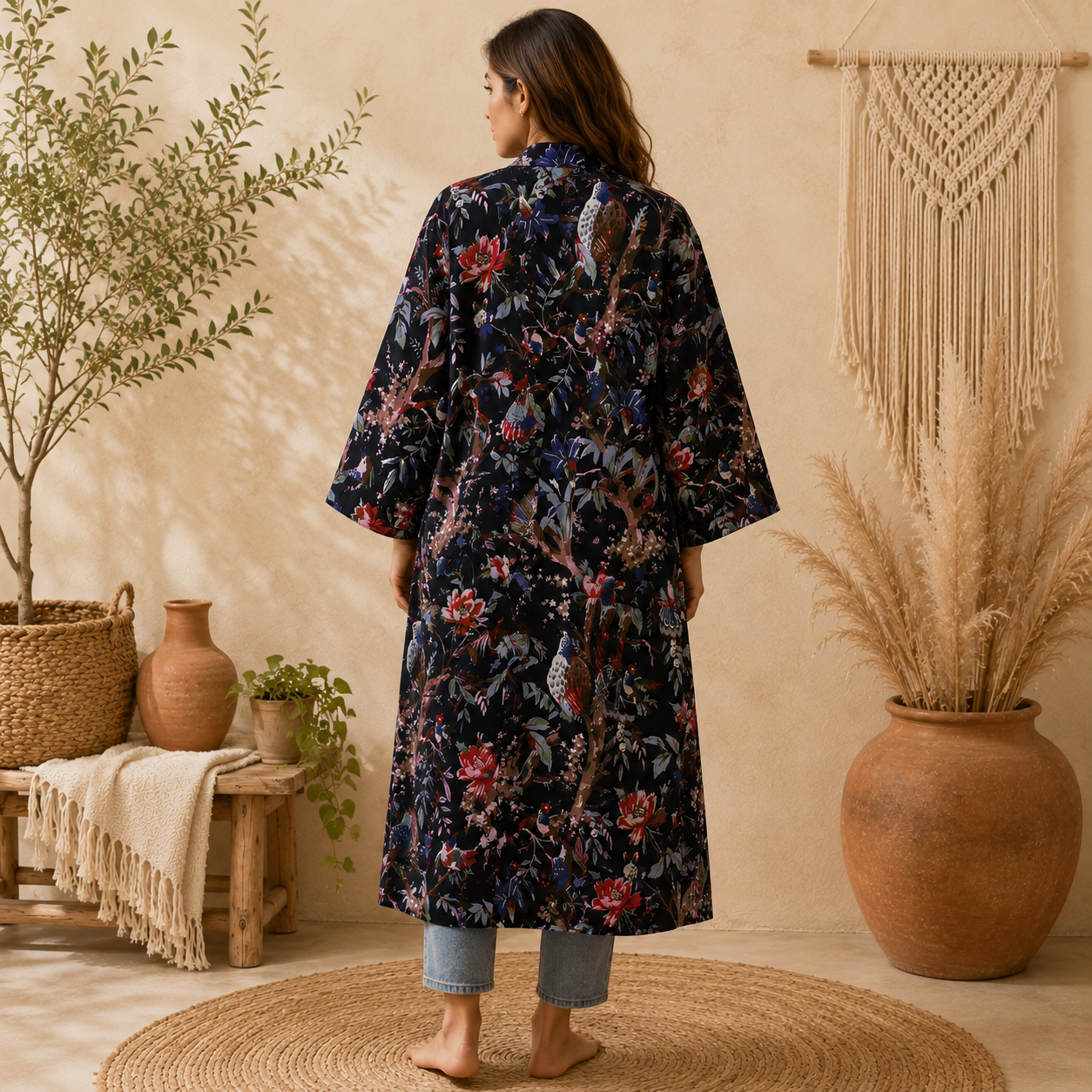 Black Floral Bird Print Cotton Long Kimono Robe for Women – Boho Maxi Kimono Jacket, Free Size Open Front Cover Up - Image 2