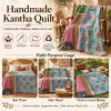 Vintage Light Blue Kantha Quilt – Handmade Floral Recycled Sari Cotton Bedspread Throw - Image 4