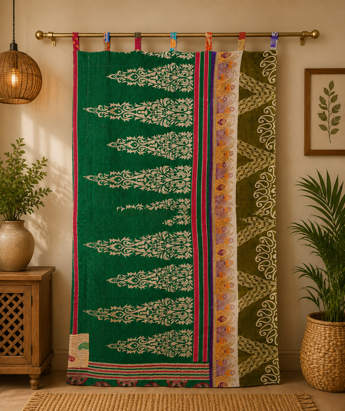 Green Vintage Kantha Curtain – Handmade Cotton Patchwork Boho Indian Window Door Curtain – 1 Pc - Image 5