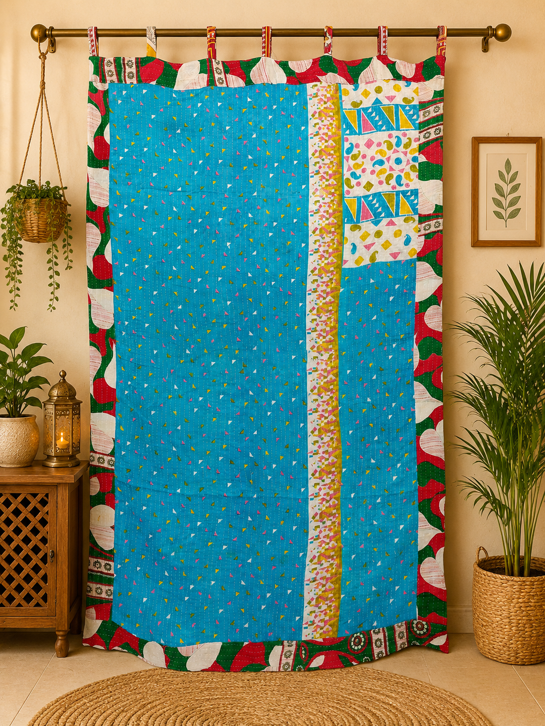 Blue Vintage Kantha Curtain – Handmade Cotton Patchwork Boho Indian Window Door Curtain – 1 Pc - Image 3