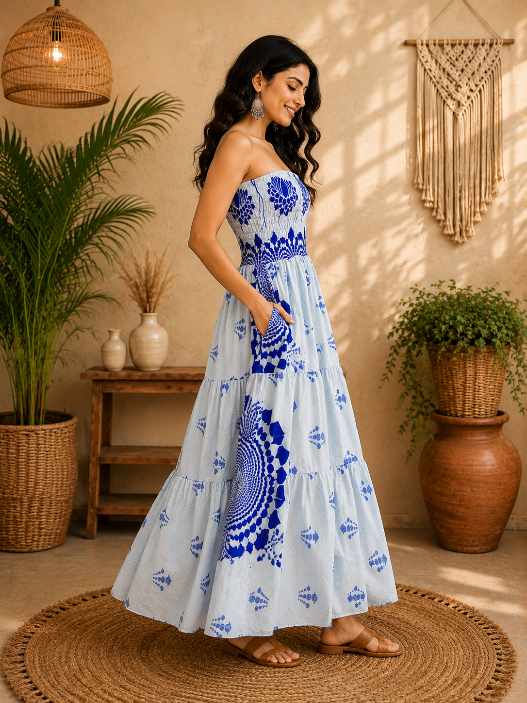 White & Royal Blue Floral Maxi Dress – Strapless Smocked Tiered Boho Summer Dress - Image 3