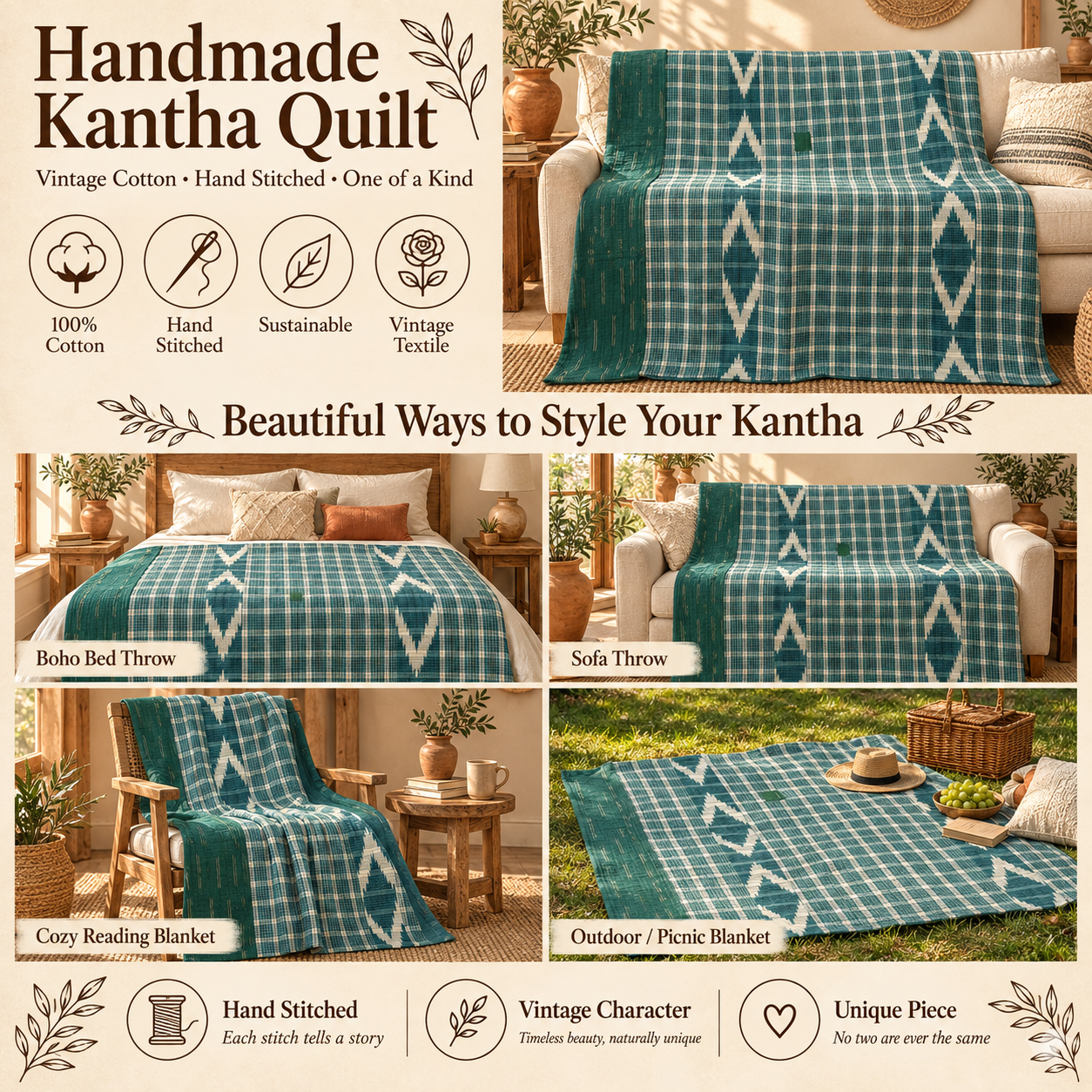 Vintage Green Plaid Kantha Quilt – Hand Stitched Cotton Indian Throw 60 x 90 Inches - Image 4