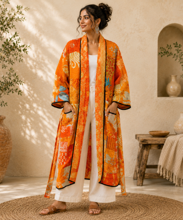Orange Multicolor Vintage Kantha Long Kimono Robe – Handmade Patchwork Cotton Boho Jacket