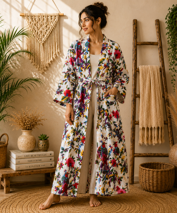 White Floral Bird Print Cotton Long Kimono Robe for Women – Boho Maxi Kimono, Free Size Belted Dressing Gown