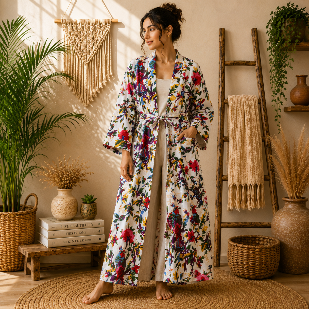 White Floral Bird Print Cotton Long Kimono Robe for Women – Boho Maxi Kimono, Free Size Belted Dressing Gown