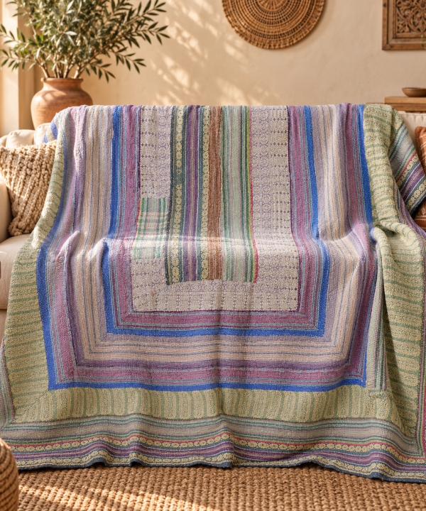 Multicolor Striped Vintage Kantha Quilt 60 x 90 Inches – Handmade Cotton Bedspread Throw – One of a Kind