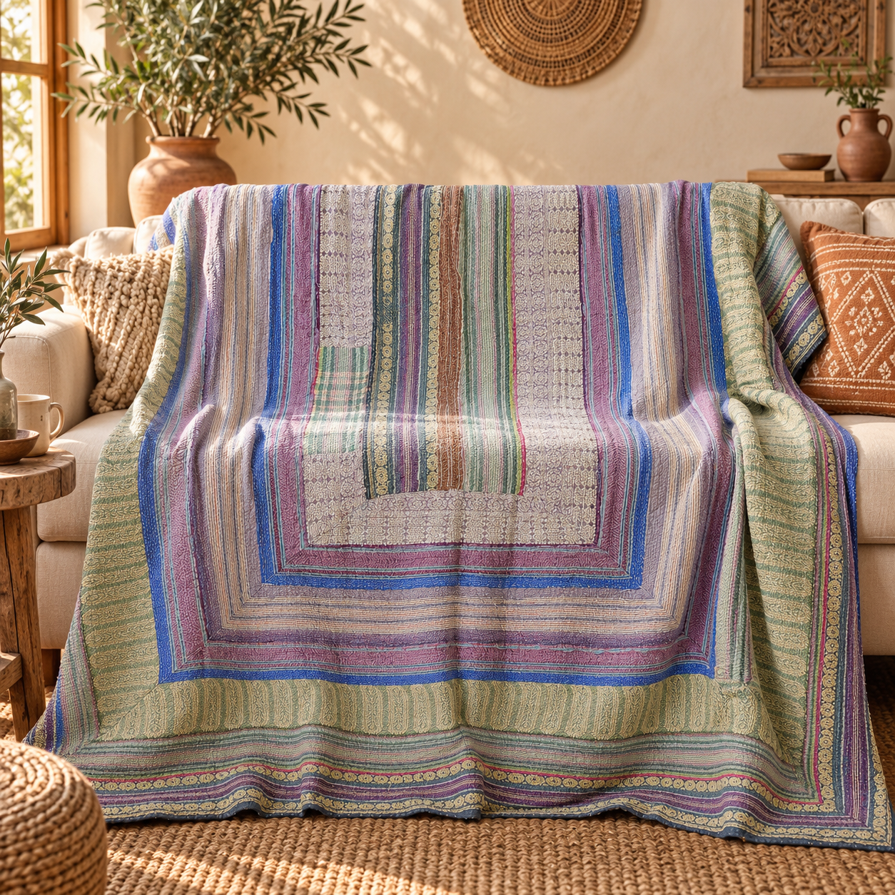 Multicolor Striped Vintage Kantha Quilt 60 x 90 Inches – Handmade Cotton Bedspread Throw – One of a Kind