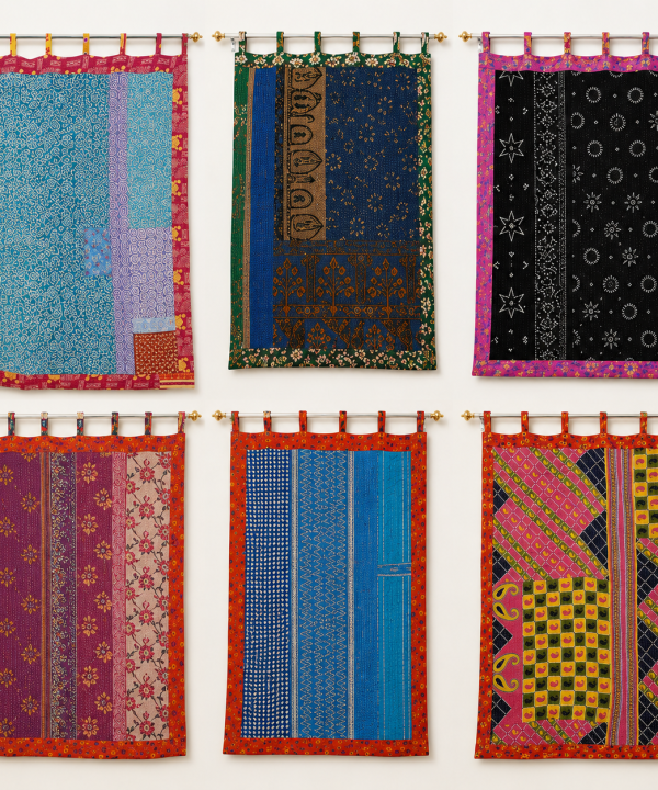 Alternative view of Vintage Kantha Patchwork Curtain 1 Pc – Multicolor Cotton Sari Window Panel Boho Tab Top Curtain