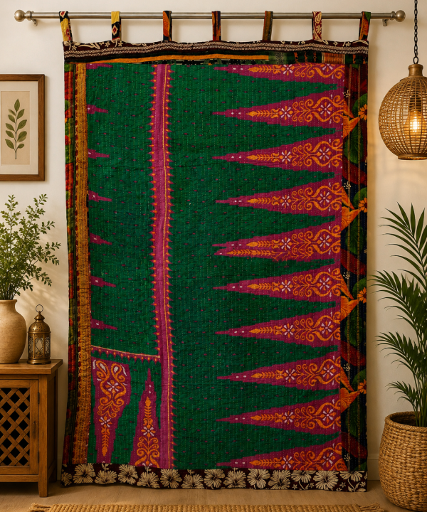 Alternative view of Green Vintage Kantha Curtain – Handmade Cotton Patchwork Boho Indian Window Door Curtain – 1 Pc
