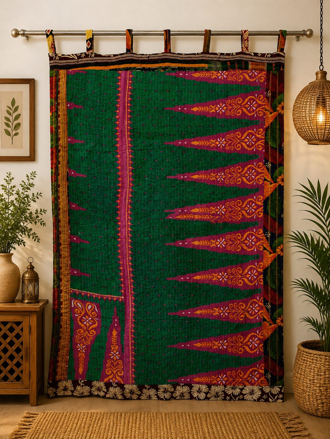 Green Vintage Kantha Curtain – Handmade Cotton Patchwork Boho Indian Window Door Curtain – 1 Pc - Image 2