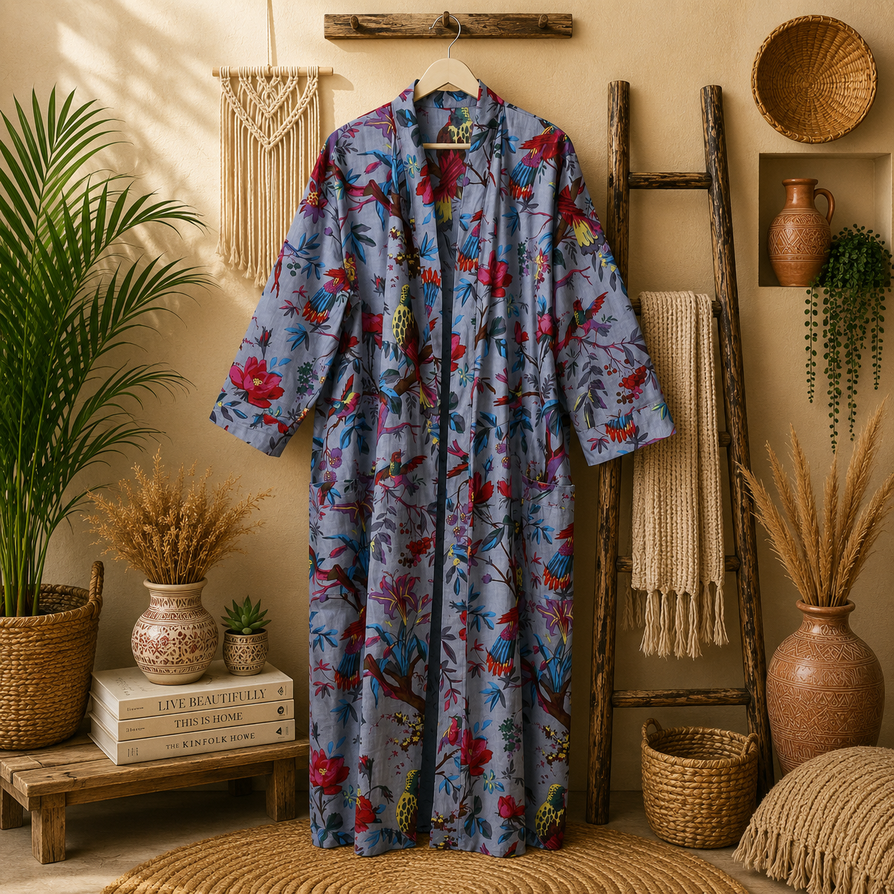 Lavender Blue Floral Bird Print Cotton Long Kimono Robe for Women – Boho Free Size Maxi Kimono with Pockets - Image 3