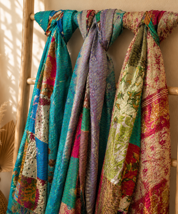 Vintage Kantha Patchwork Scarf Set – Handmade Recycled Cotton Boho Indian Shawl Wrap – 5 Pcs
