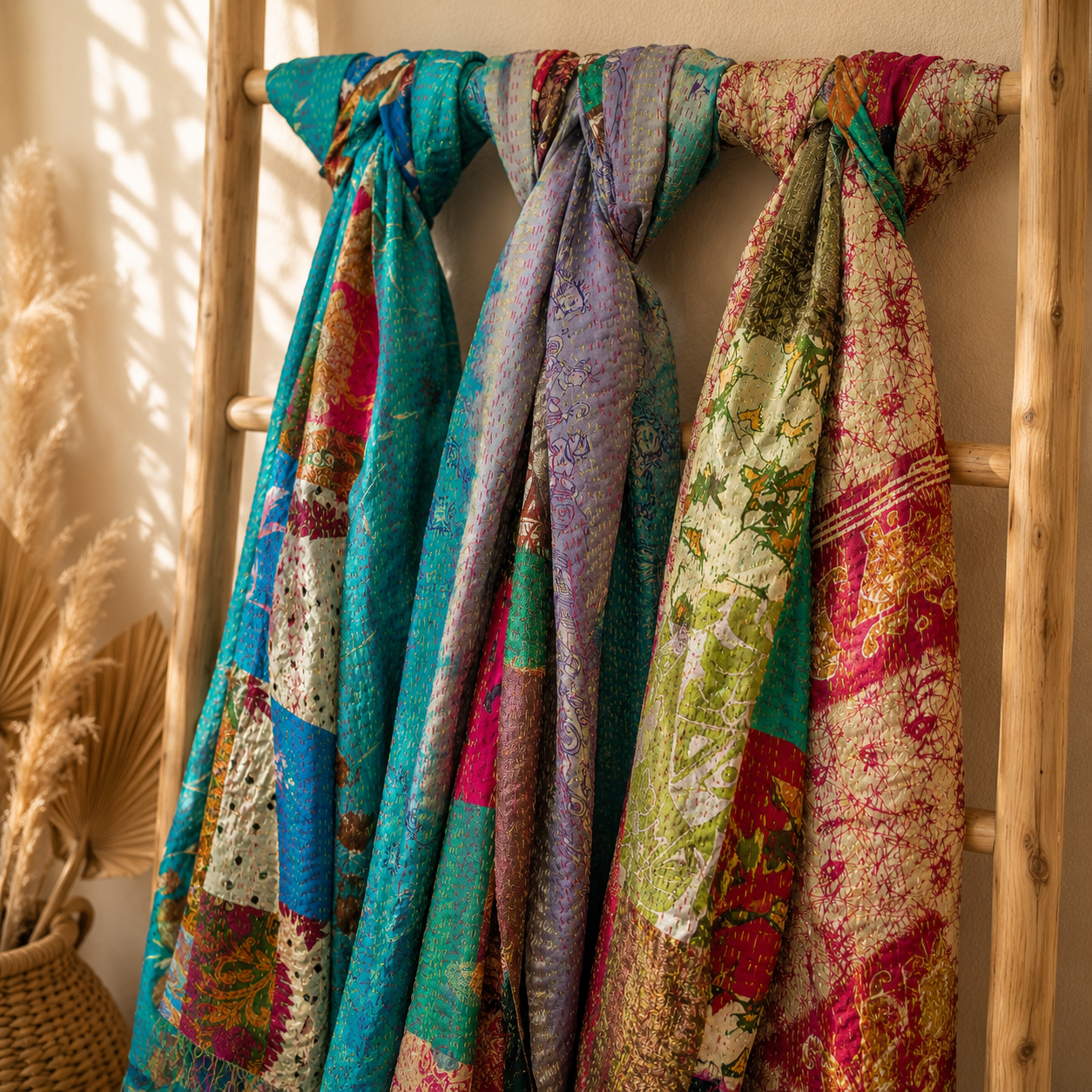Vintage Kantha Patchwork Scarf Set – Handmade Recycled Cotton Boho Indian Shawl Wrap – 5 Pcs - Image 5