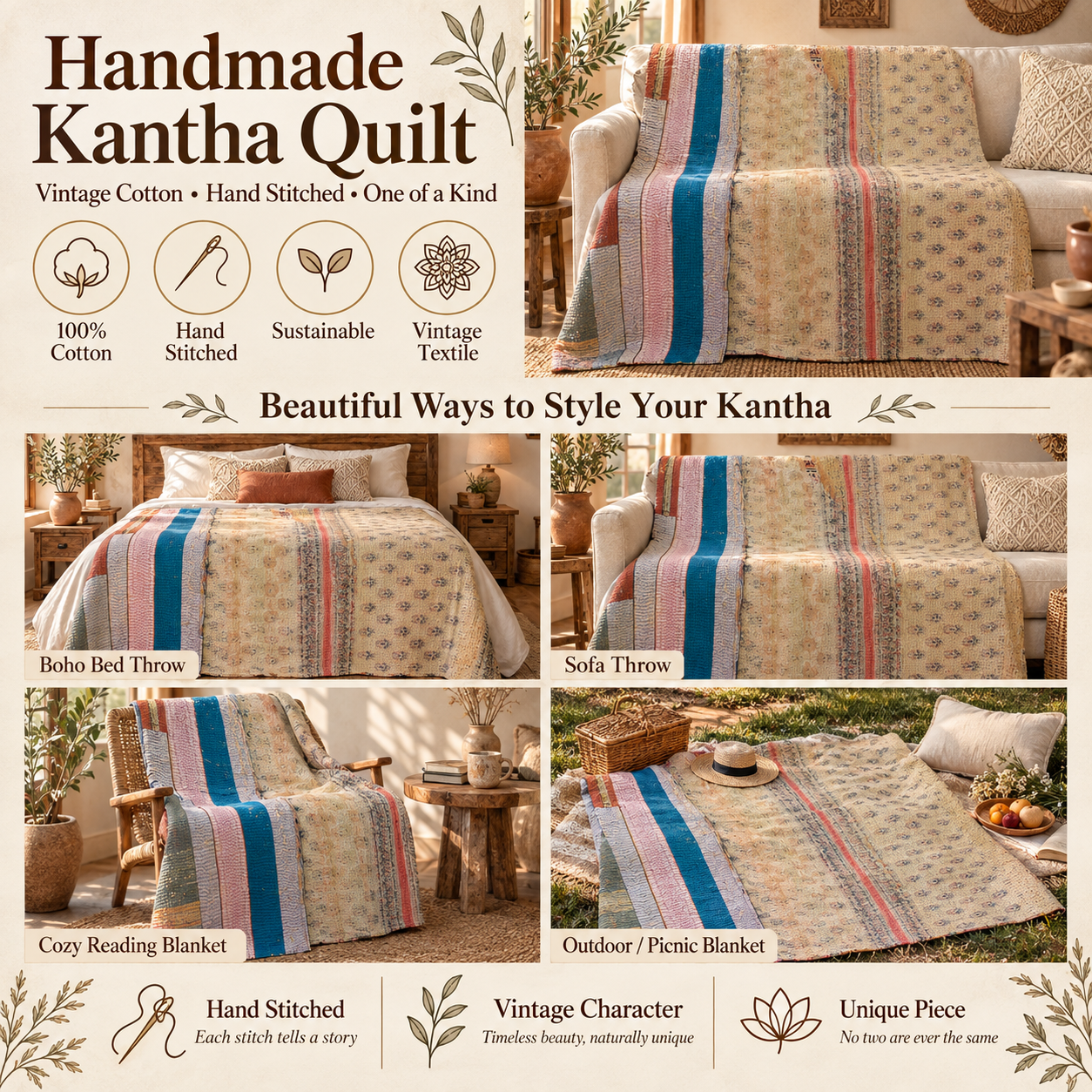 Vintage Kantha Quilt 60x90 Inches – Beige Cream Blue Hand Stitched Cotton Bedspread - Image 4