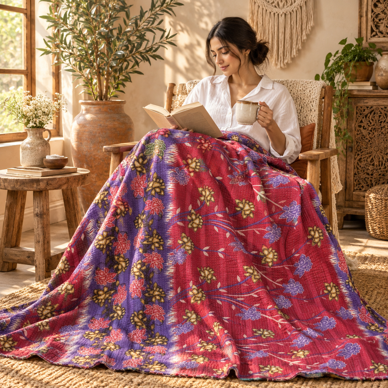 Vintage Pink Kantha Quilt – Handmade Floral Recycled Sari Cotton Bedspread Boho Throw, MN-VKQ-TW-1345 - Image 3