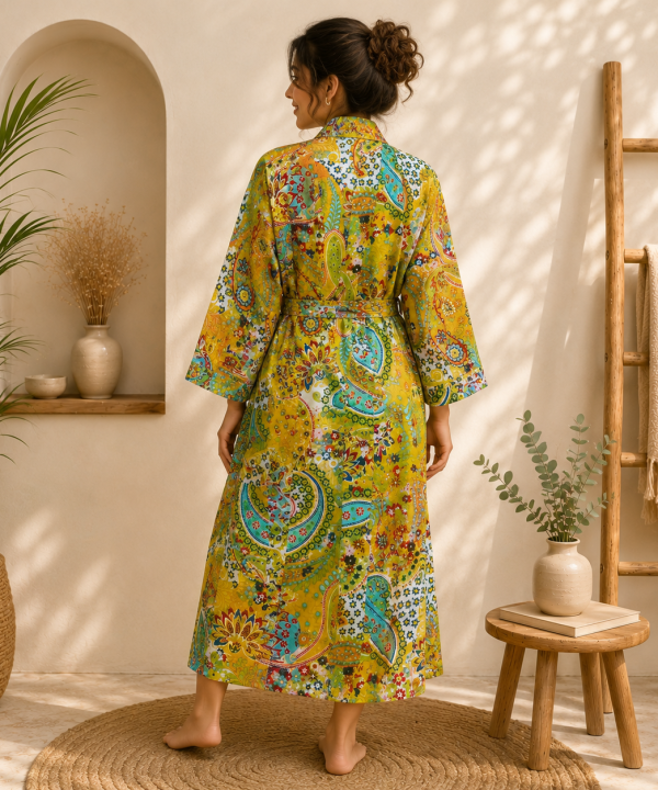 Alternative view of Yellow Multicolor Floral Paisley Long Kimono Robe – Boho Printed Maxi Kimono Jacket for Women