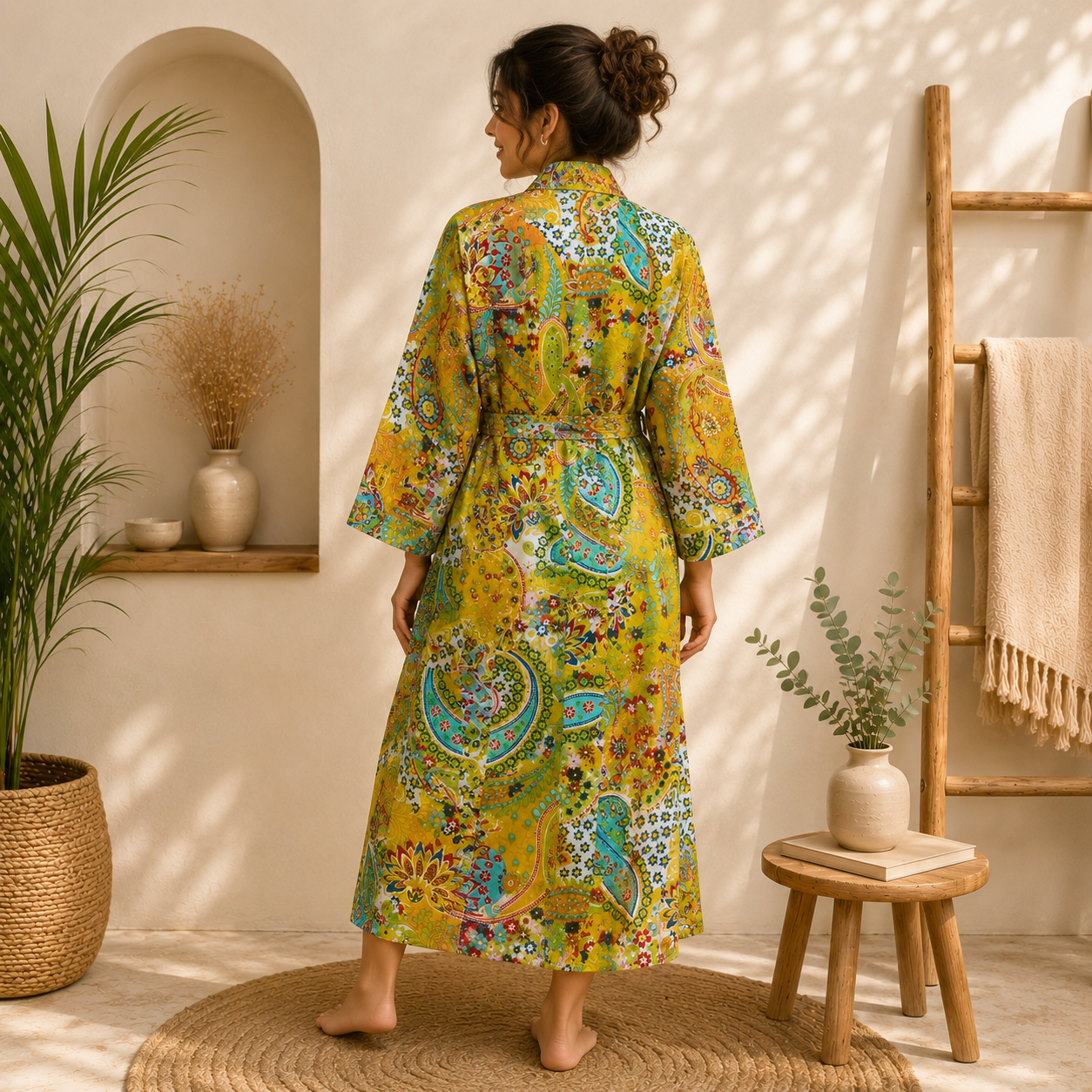 Yellow Multicolor Floral Paisley Long Kimono Robe – Boho Printed Maxi Kimono Jacket for Women - Image 2