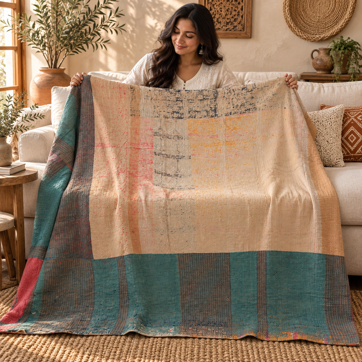 Teal Green & Beige Vintage Kantha Quilt 60 x 90 Inches – Handmade Cotton Patchwork Bedspread – One of a Kind - Image 4