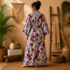 White Pink Floral Bird Print Cotton Long Kimono Robe for Women – Boho Maxi Kimono, Free Size Belted Dressing Gown - Image 2