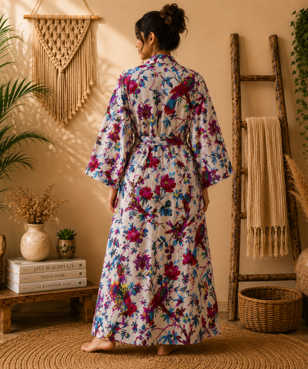 Alternative view of White Pink Floral Bird Print Cotton Long Kimono Robe for Women – Boho Maxi Kimono, Free Size Belted Dressing Gown