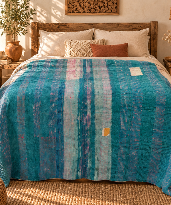 Alternative view of Vintage Teal Blue Kantha Quilt – Hand Stitched Cotton Bedspread Throw 60 x 90 Inches