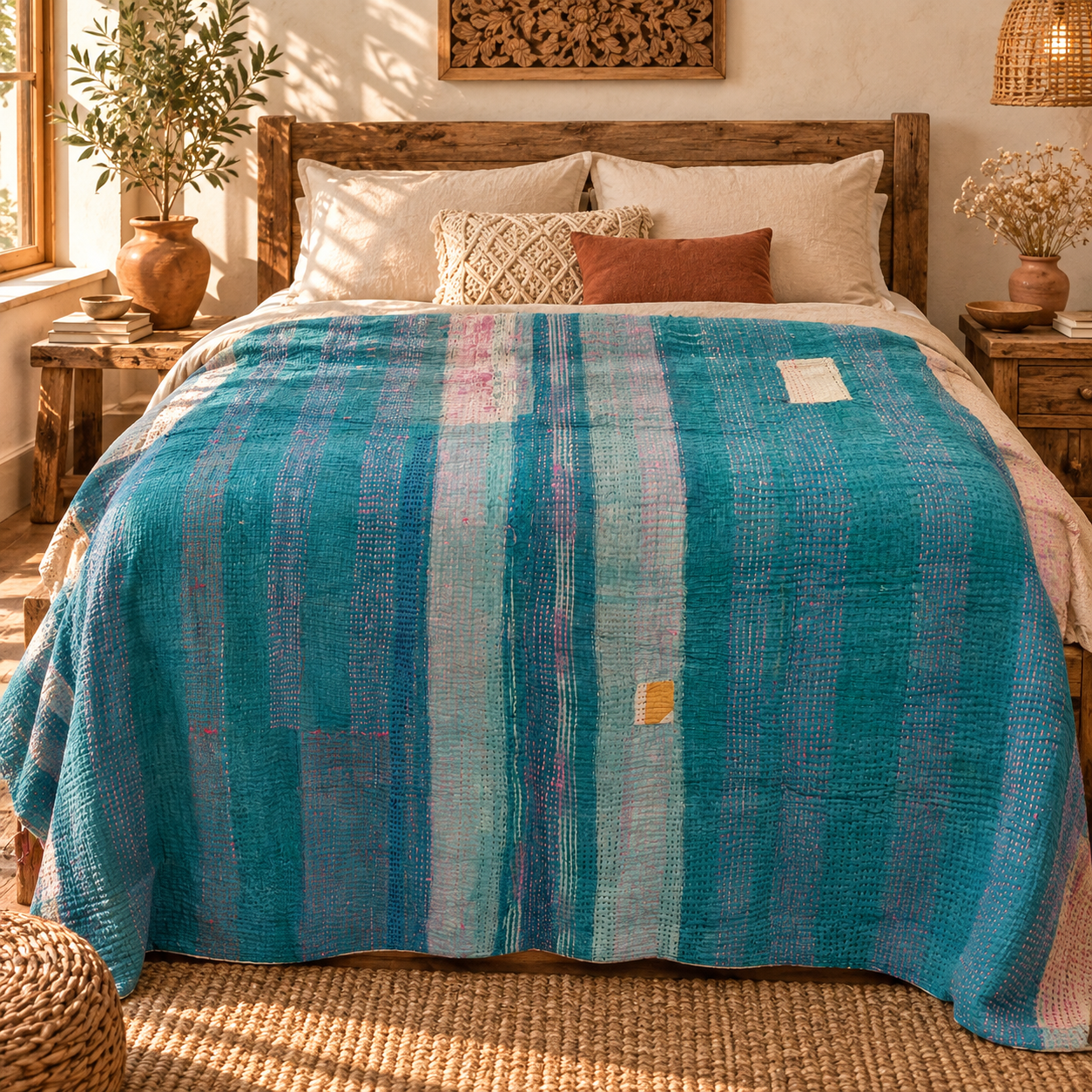Vintage Teal Blue Kantha Quilt – Hand Stitched Cotton Bedspread Throw 60 x 90 Inches - Image 2