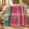 Vintage Pink & Green Kantha Quilt – Hand Stitched Cotton Bedspread 60 x 90 Inches