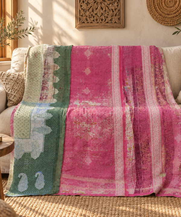 Vintage Pink & Green Kantha Quilt – Hand Stitched Cotton Bedspread 60 x 90 Inches